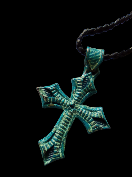 Solid Brass Cross Necklace with Patina and Braided Nylon cord