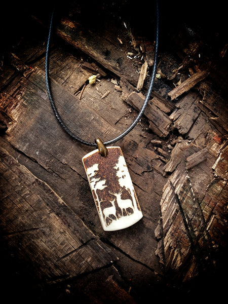 Deer Scene Engraved Bone Necklace Pendant
