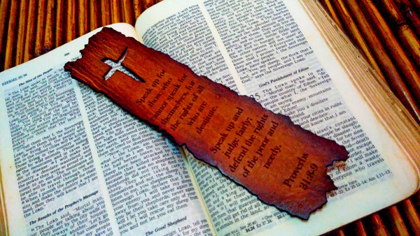 Weathered Cross Proverbs 31:8-9 Leather Bookmark