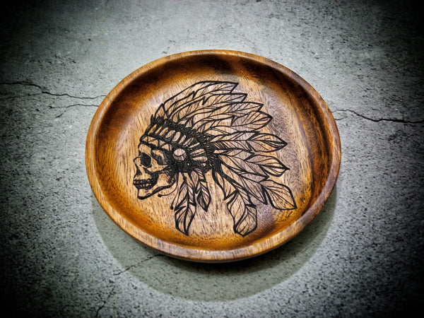 Native American Indian Skull Acacia Wooden Valet Tray / Key Bowl